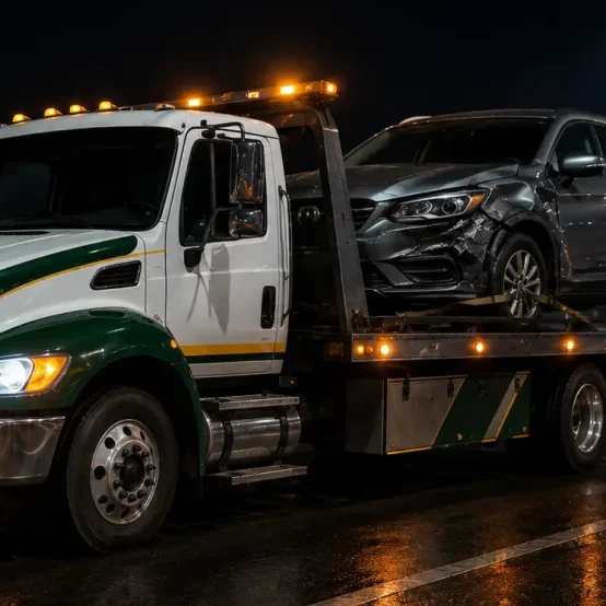 Car damaged in accident emergency towing on rainy in stockton ca