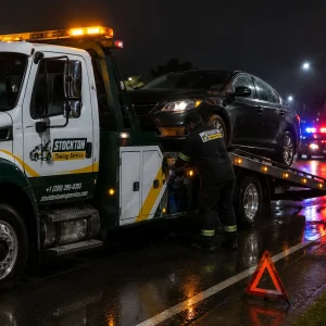 Emergency towing of disabled car on a wet night in stockton highway 99, while passenger waiting on the roadside
