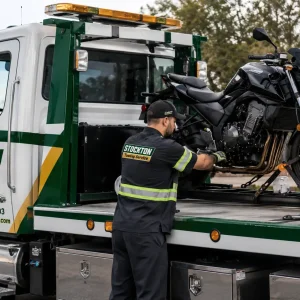 Black Motorcycle secured on tow truck by Stockton towing service company