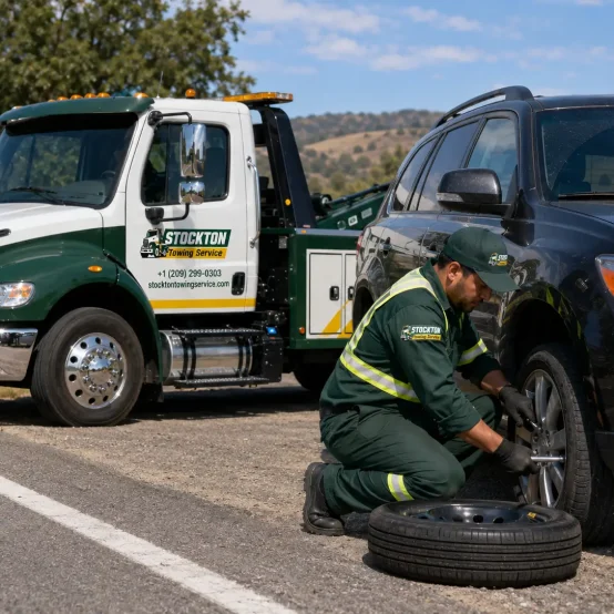 Providing roadside assitsance by changing flat tire of suv in the park at stockton