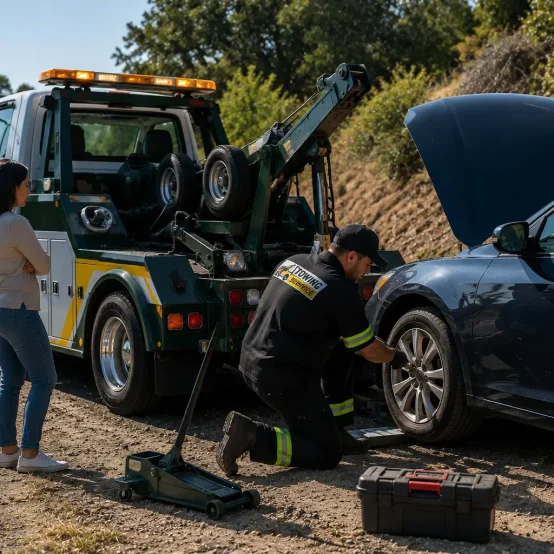 Roadside assistance flat tire change service by the I-205 freeway by stockton towing service, while passenger waiting and standing next to the car