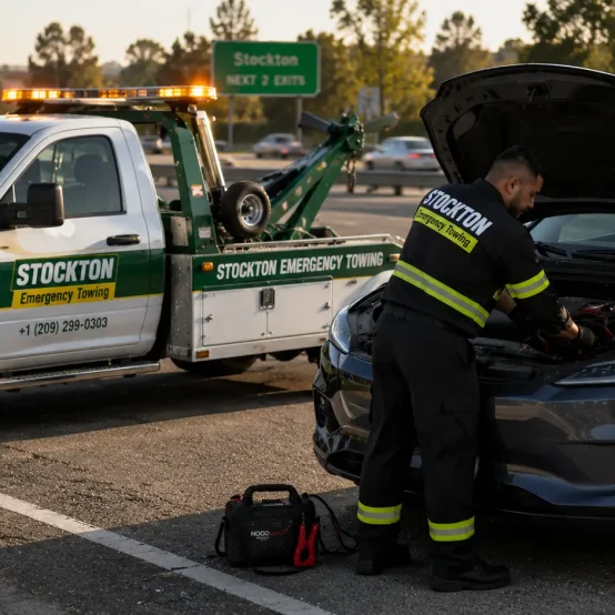 Roadside assistance by jump-starting dead battery on a busy Stockton highway, passenger looking over the technician