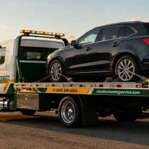 Black SUV towed on flatbed Tow truck by Stockton towing at golden hour