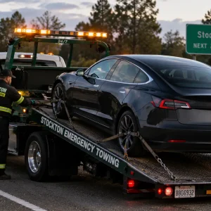 Towing and securing tesla ev on a flatbed tow truck by stockton towing at dusk