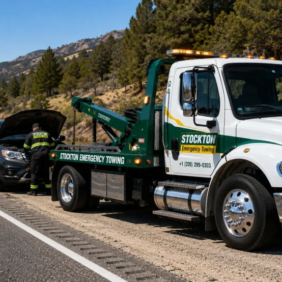 Stockton towing technician assisting disabled SUV on i-99 highway near stockton ca