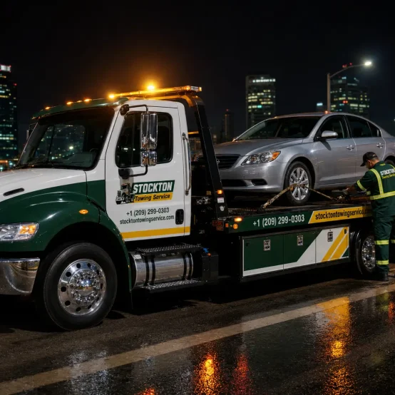 Towing disabled grey car on a flatbed towing truck in stockton on a rainy wet night