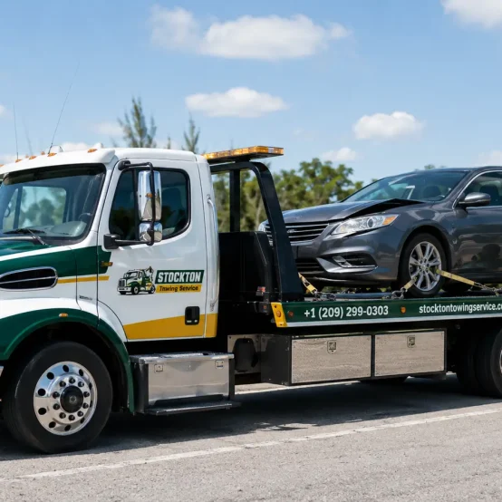 accident damaged car towing on flatbed tow truck by stockton towing