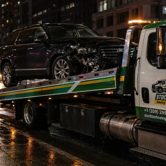 accident towing service providing to black suv in stockton