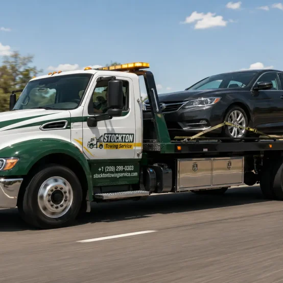 black car towed by stockton towing service on a flatbed tow truck