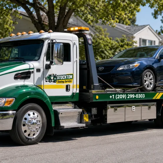 blue toyota camry towing in resisdential neighbourhod by stockton towing service