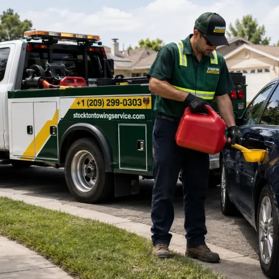 delivery of fuel to car at their home roadside assistance service by stockton towing service