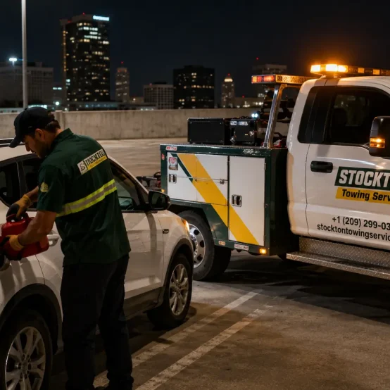 delivery of fuel to parked car in the parking lot roadside assistance service by stockton towing service