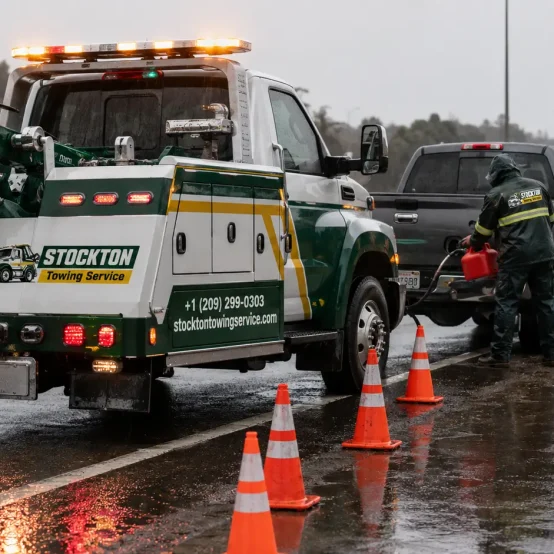 delivery of fuel to pickup on I-5 freeway roadside assistance service by stockton towing service