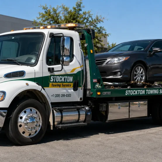 disabled sedan car towed by Stockton towing flatbed truck from the office parking lot