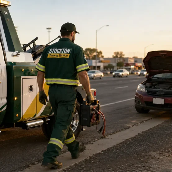 jump start dead battery of car on I-5 freeway roadside assistance service by stockton towing service