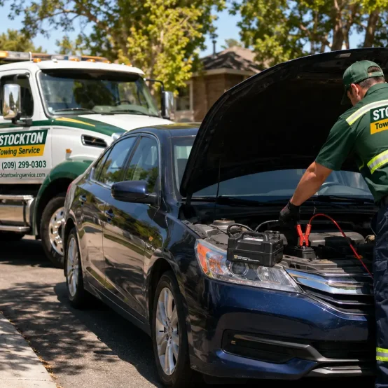 jump start dead battery of car parked at home roadside assistance service by Stockton towing service