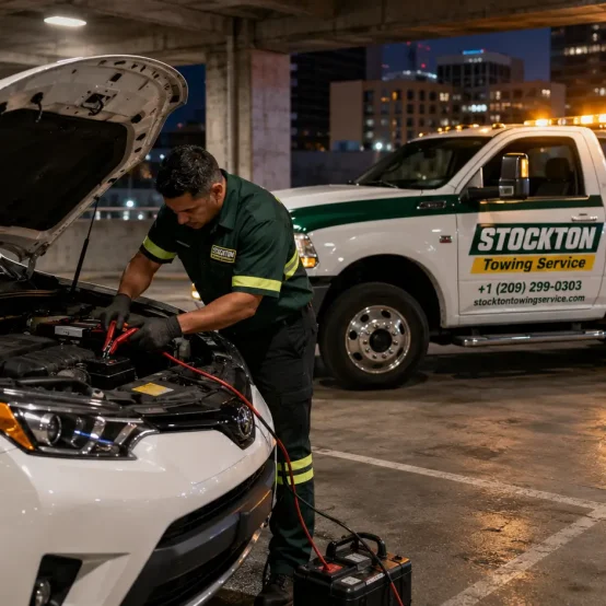 jump start dead battery of car parked in shopping lot roadside assistance service by stockton towing service