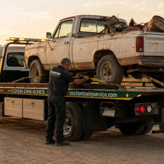 junk removal and towing of white pickup truck by stockton towing service