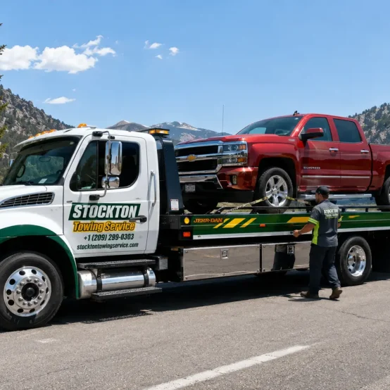 long distance towing service of red pickup truck by stockton towing