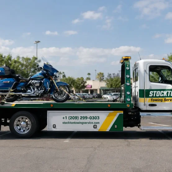 motorcycle towing service by stockton towing in shopping mall parking lot in stockton