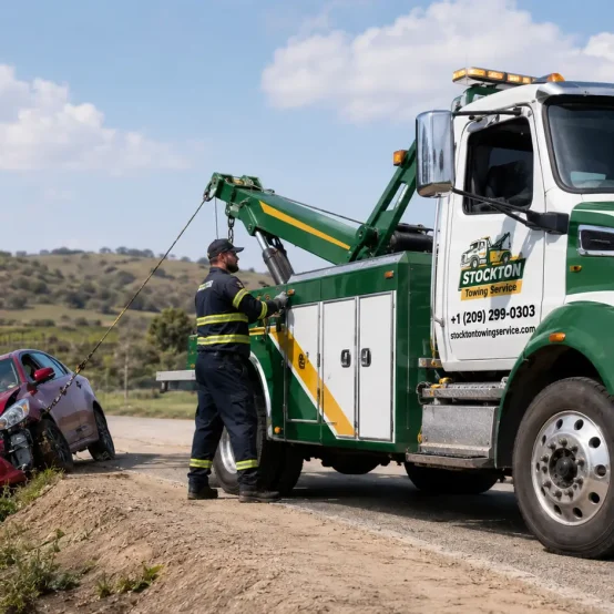 pulling out damaged red toyota car in accident by stockton towing service