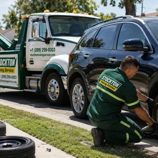 roadside assistance service by Stockton towing replace flat tire of black suv in Stockton residential area