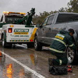 roadside assistance service by stockton towing replace flat tire of pickup truckup on a rainy day in stockton