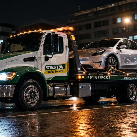 stockton tow truck hauling tesla ev towing away to a dealer
