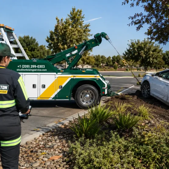 winch out service recovery by pulling white car out by stockton towing company