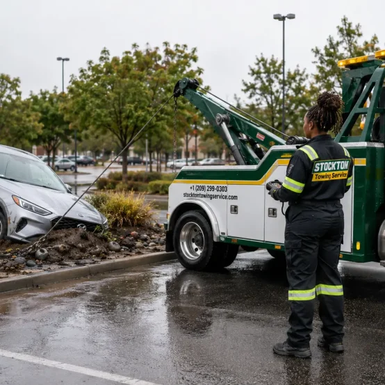 winch out grey Mazda suv by stockton towing service on a rainy wet day